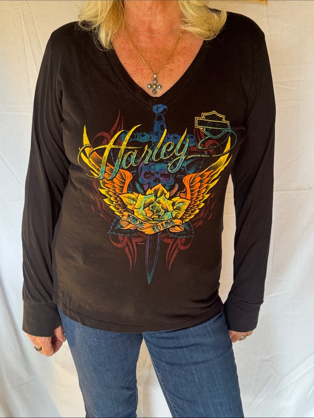 Harley-Davidson Black Long Sleeve V-Neck Top with Multicolor Winged Rose Graphic